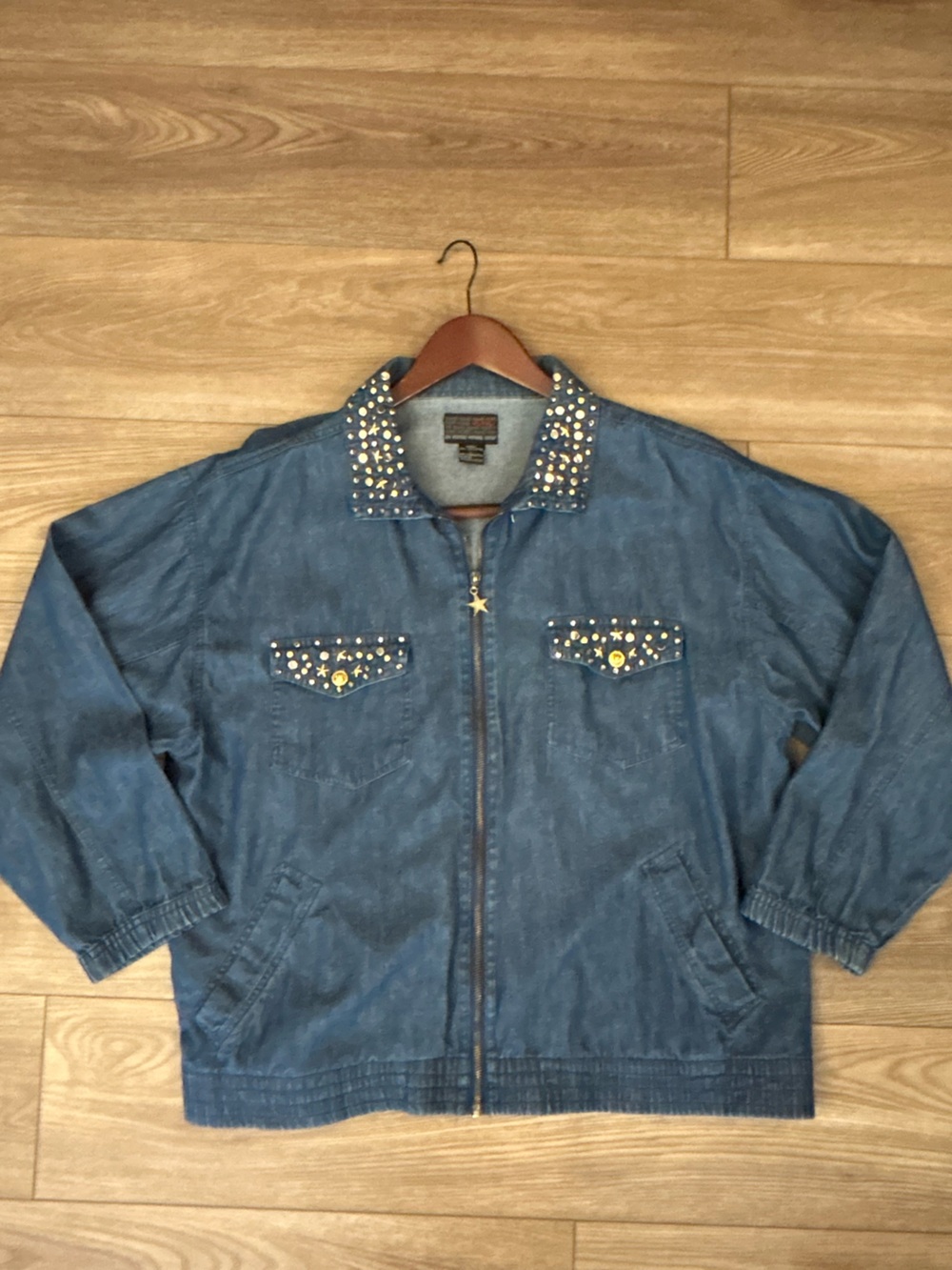 Y2K Style Studded Denim Jacket Star Embellished Zip Up Women’s L 100% Cotton